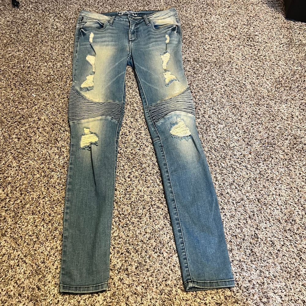 Robin's Jean Distressed Moto Biker Jeans Ripped Denim Light Wash Size 29